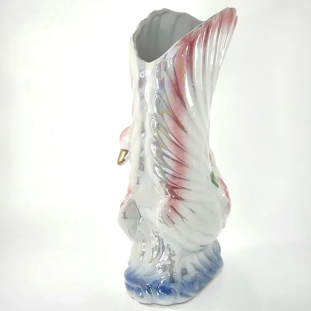 Vintage Iridescent Ceramic Swan Vase – Pink & Blue Floral Mid-Century Planter - Picture 6 of 8